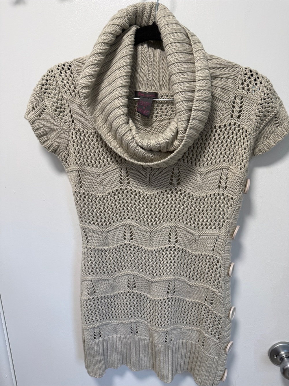 Cowl Neck Short Sleeve Knit Sweater Dress - Beige
